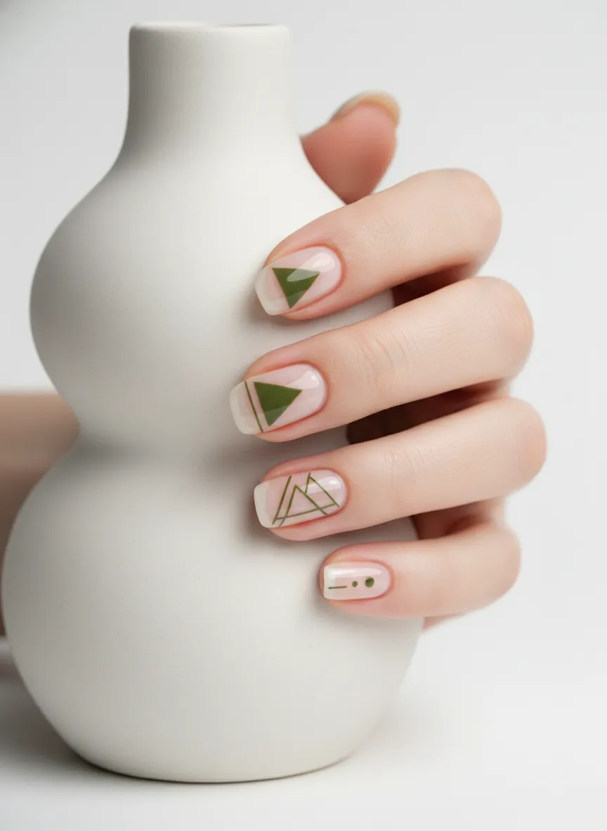 Negative space geometric stunning olive green nail ideas