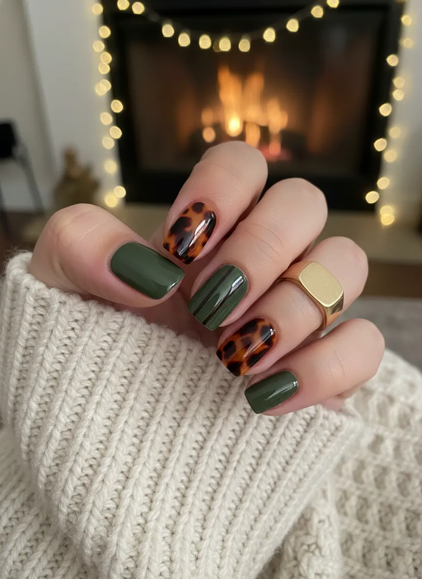 Tortoiseshell and solid stunning olive green nail ideas