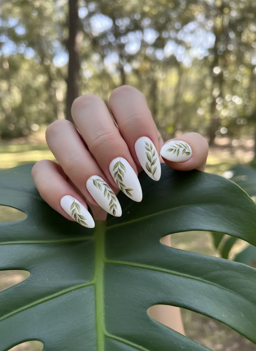 Botanical leaf art stunning olive green nail ideas