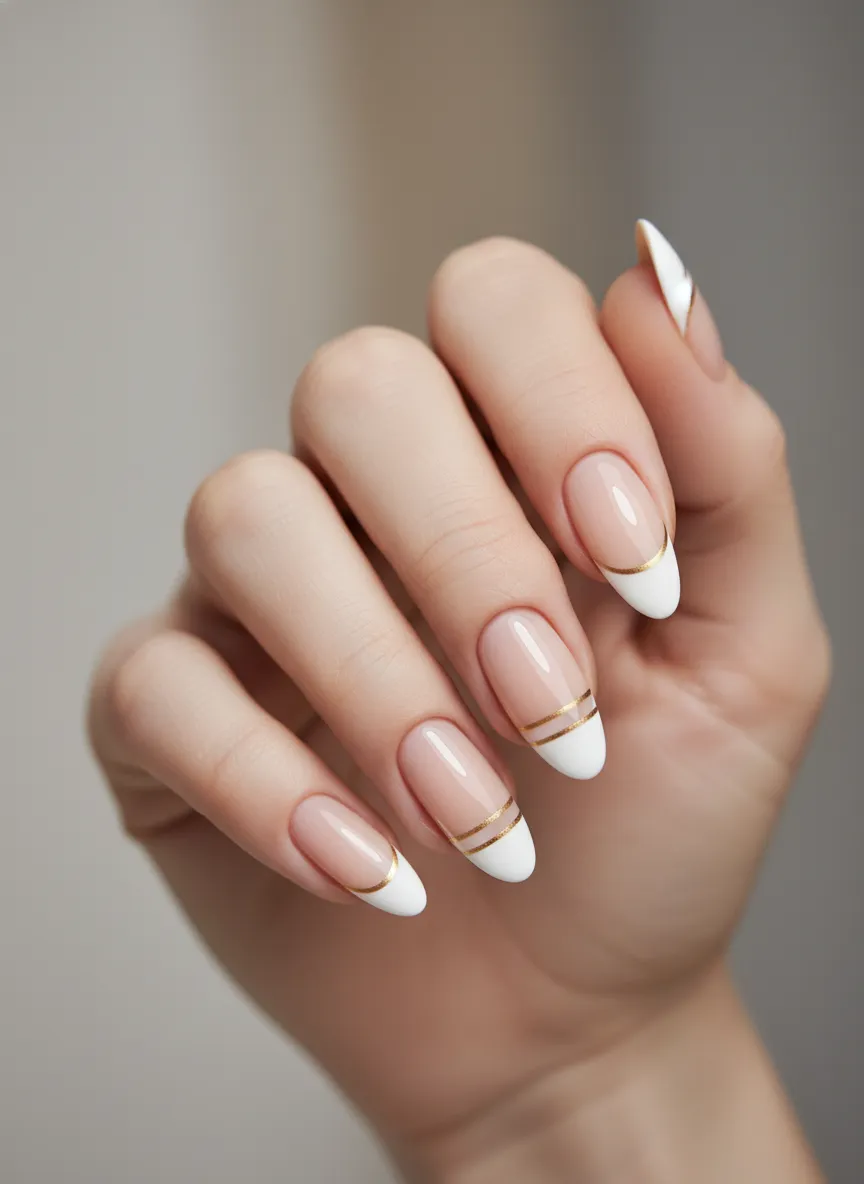 Elegant double micro-line French tip almond nails