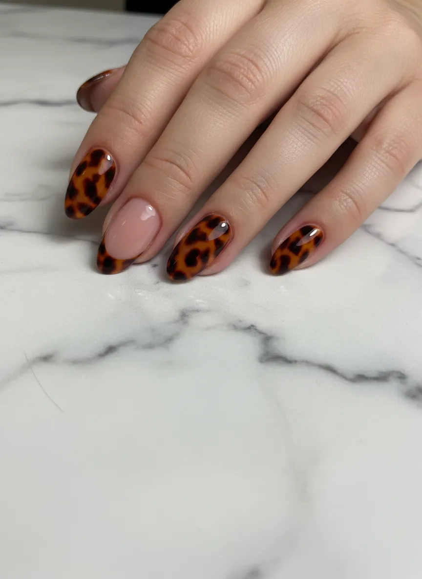 Trendy tortoise shell French tip almond nails