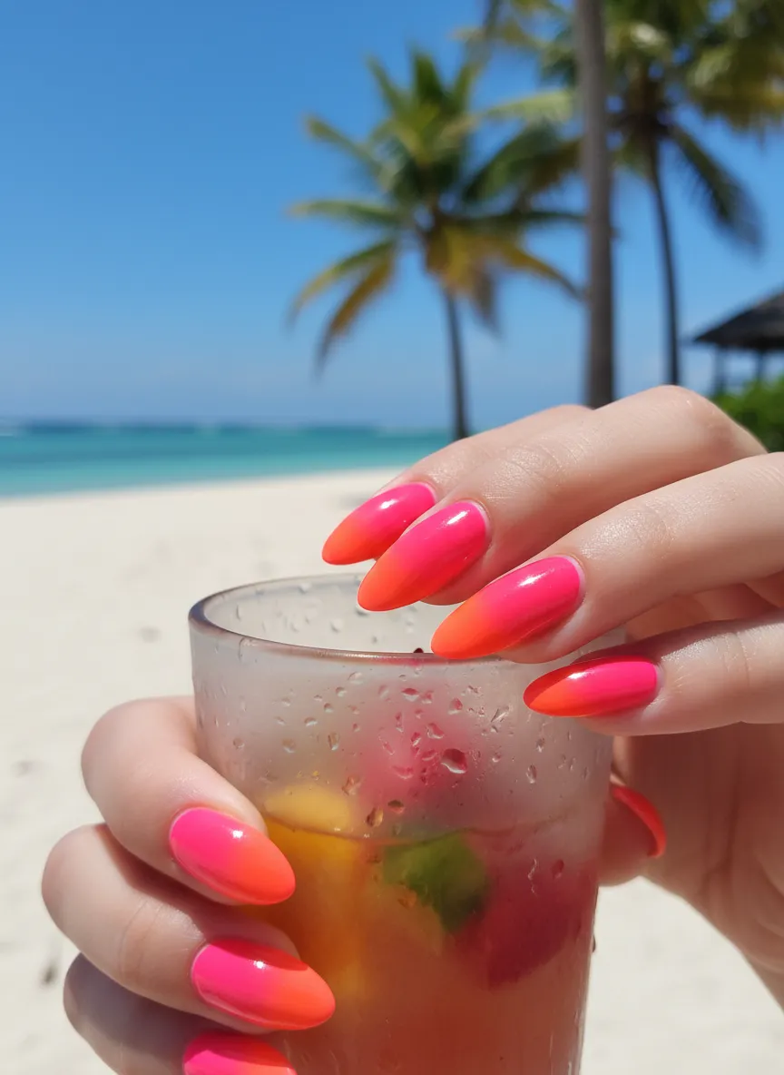 Bright neon gradient French tip almond nails for summer