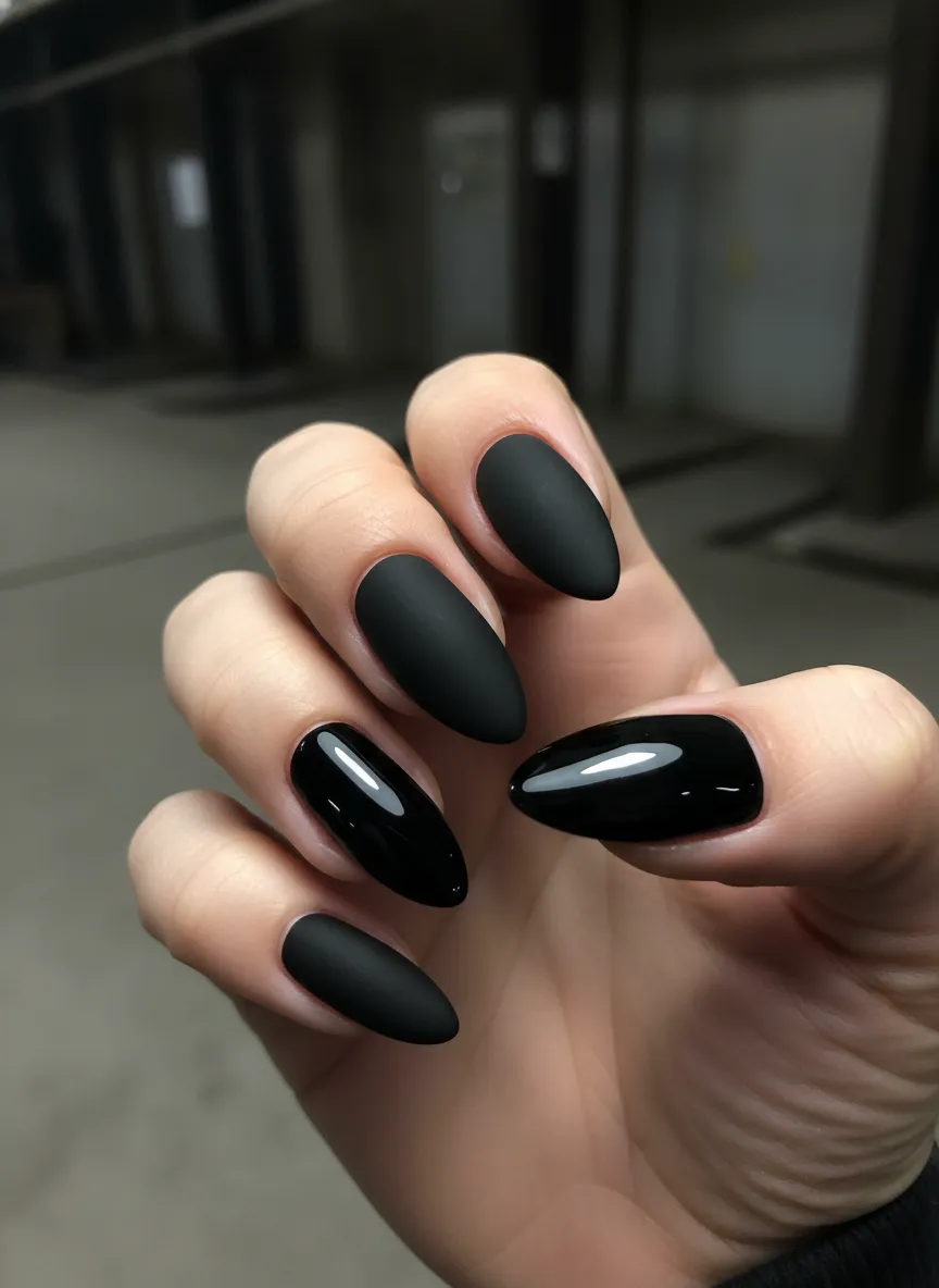 Modern matte black French tip almond nails