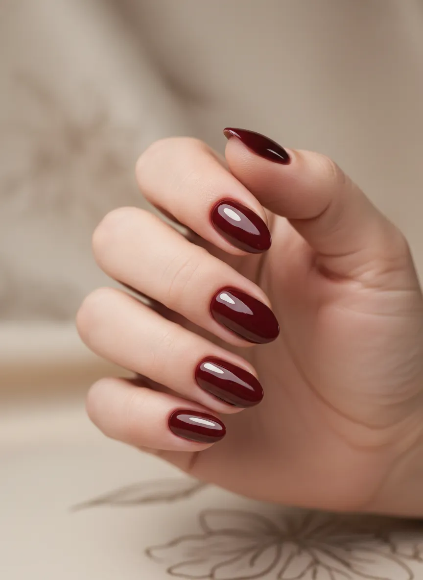 Classic burgundy French tip almond nails