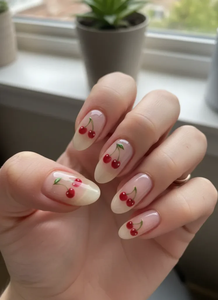 Minimalist micro cherry nails ideas 2026 on sheer base