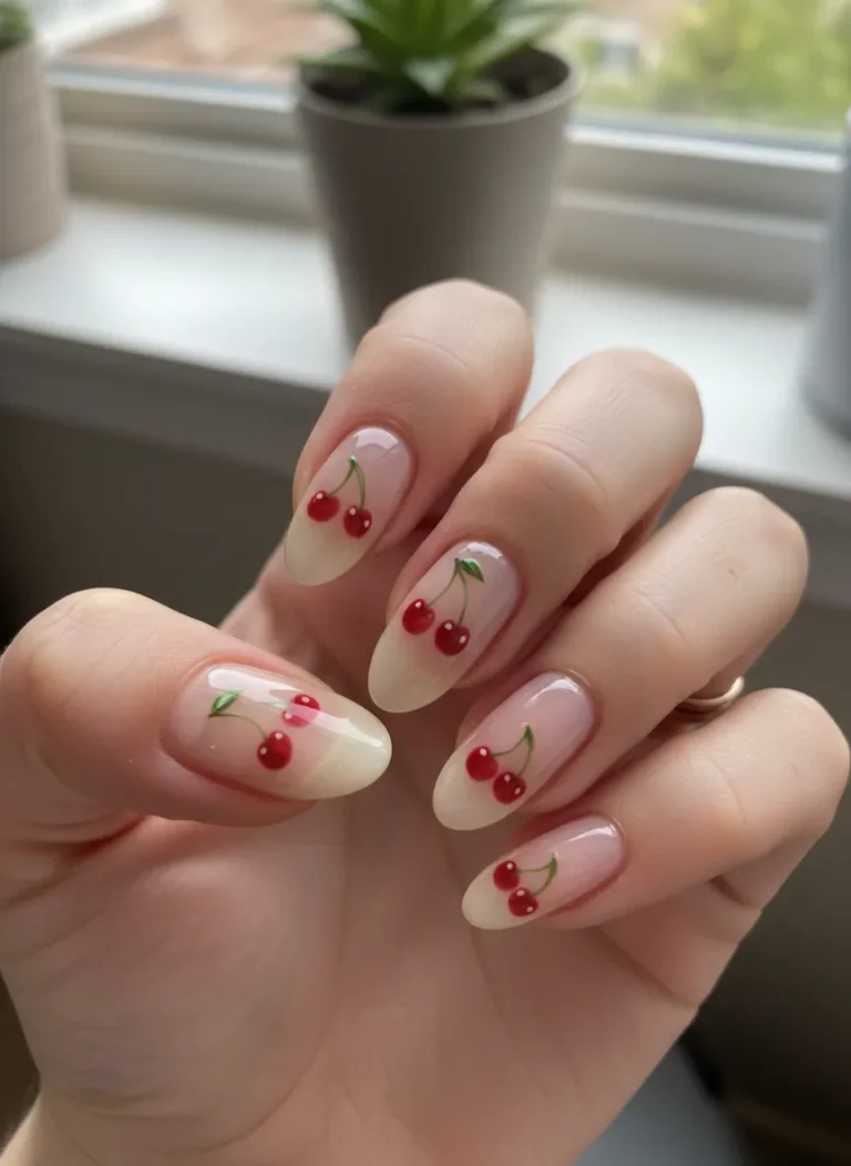 Minimalist micro cherry nails ideas 2026 on sheer base