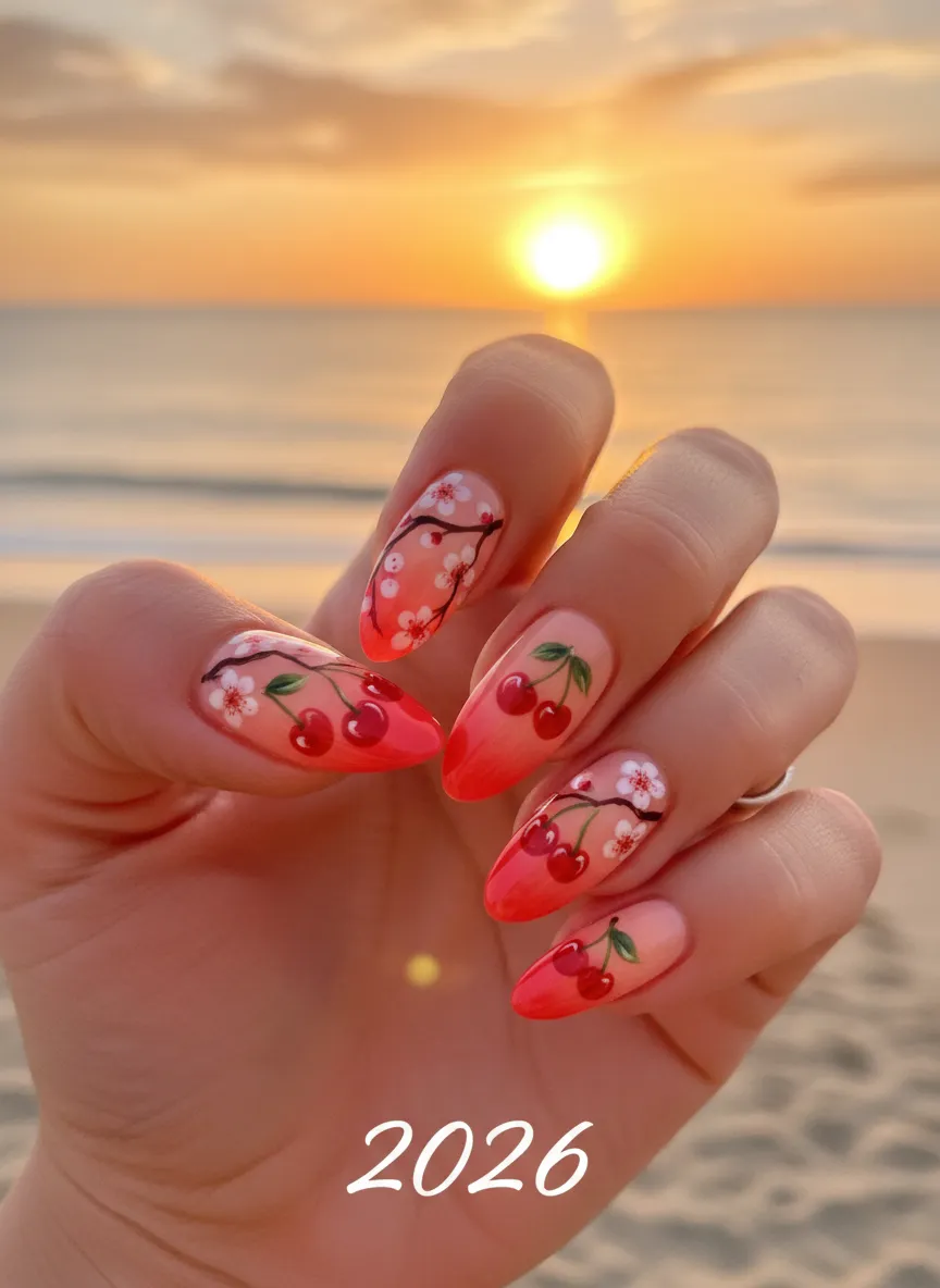 Ombre sunset cherry nails ideas 2026