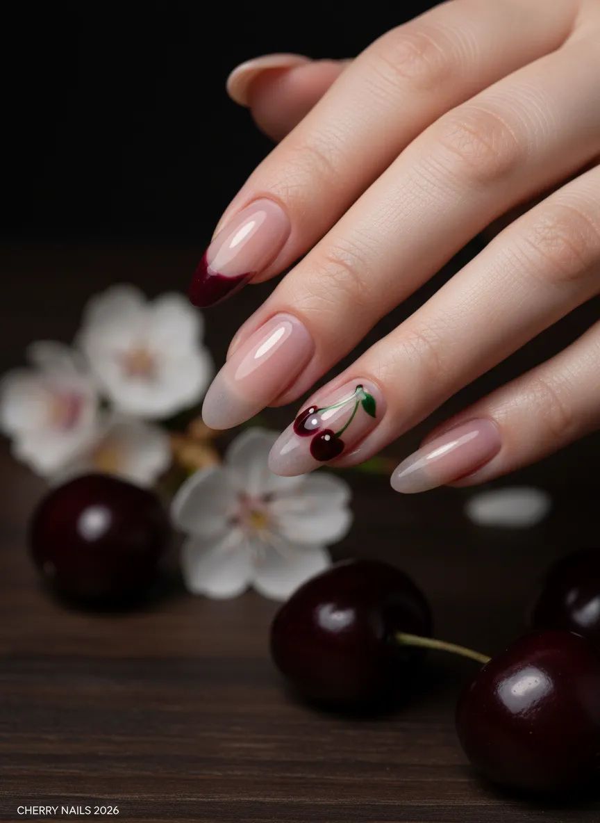 Sheer nude and deep red cherry nails ideas 2026