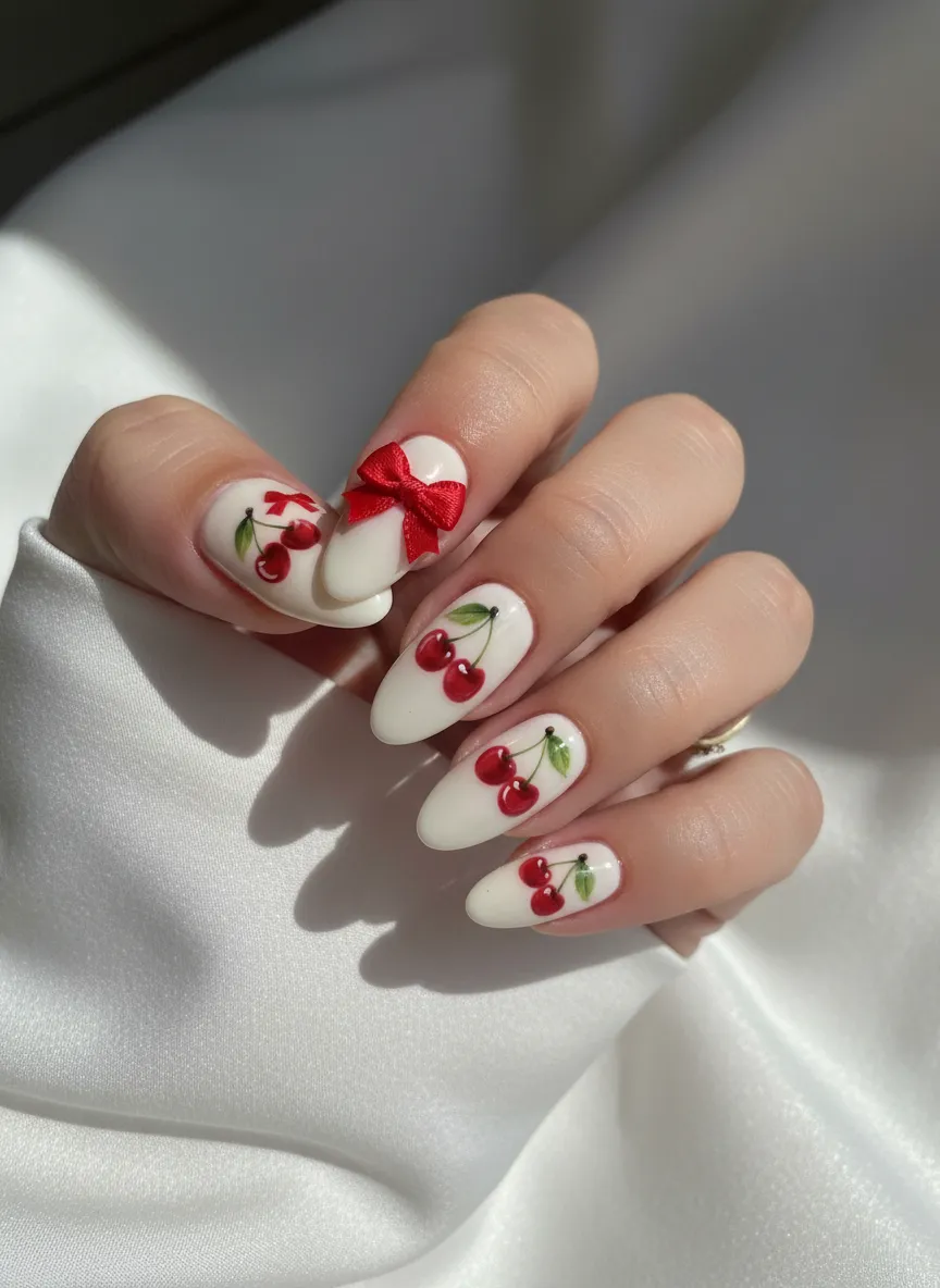 Coquette core cherry nails ideas 2026 with bows