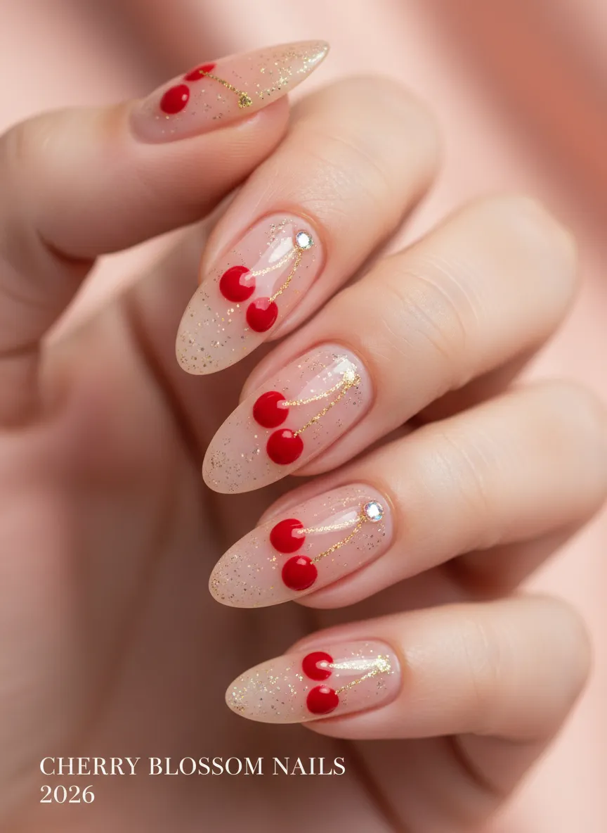 Glitter stem cherry nails ideas 2026