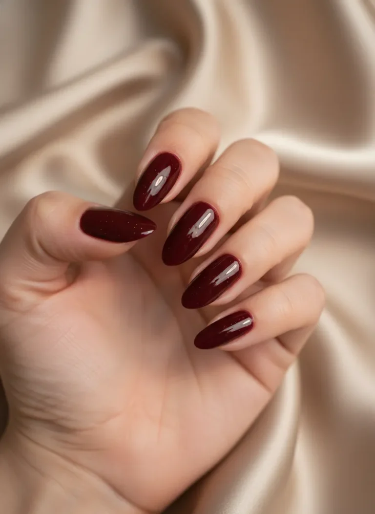 Classic deep bordeaux dark red nails designs with high gloss finish
