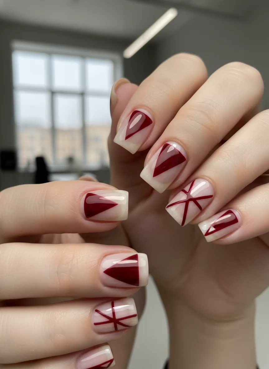 Geometric negative space dark red nails designs