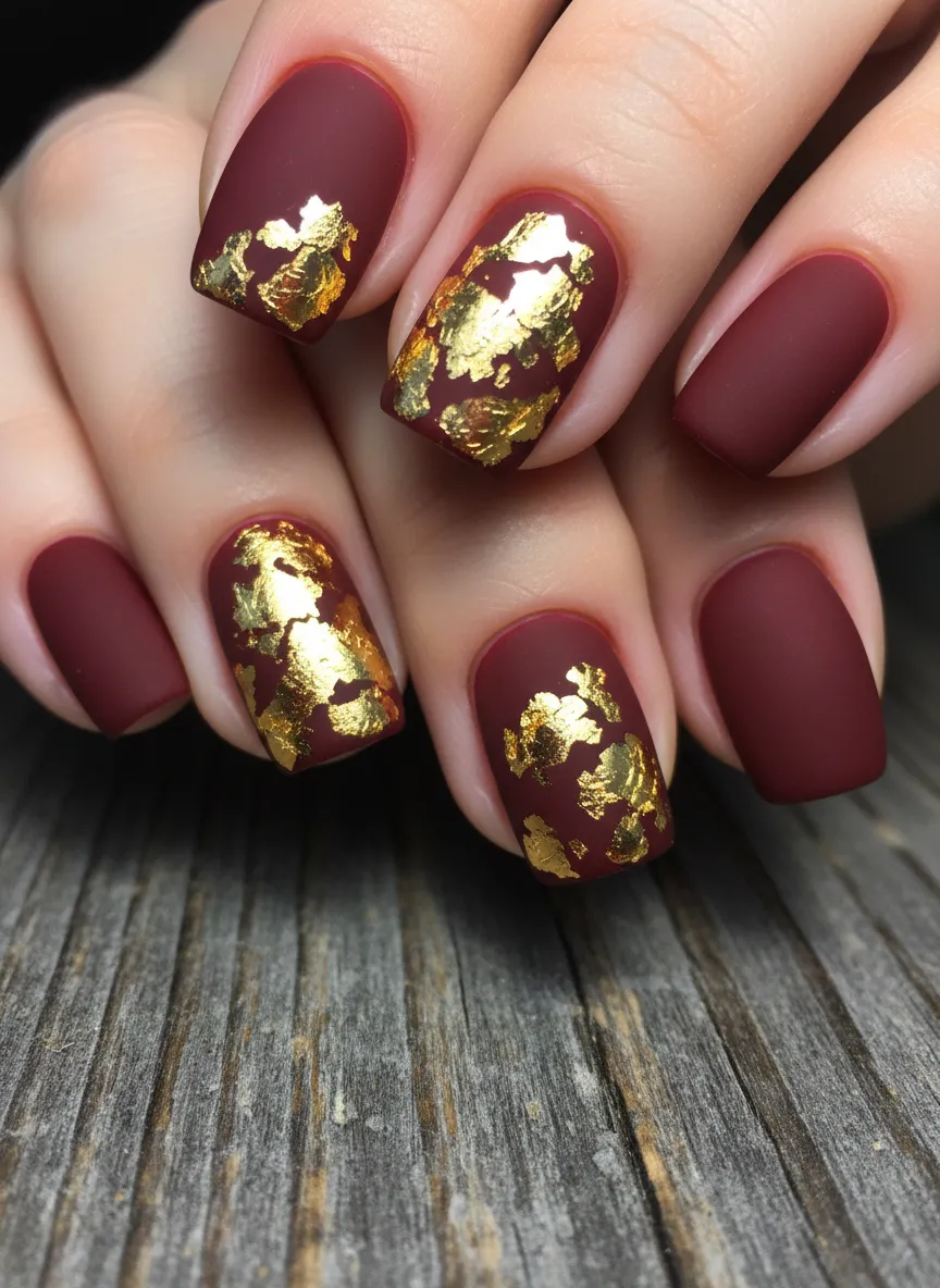 Matte wine dark red nails designs with gold foil accents