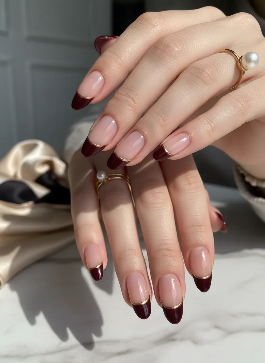 Gilded cherry French tip dark red nails designs
