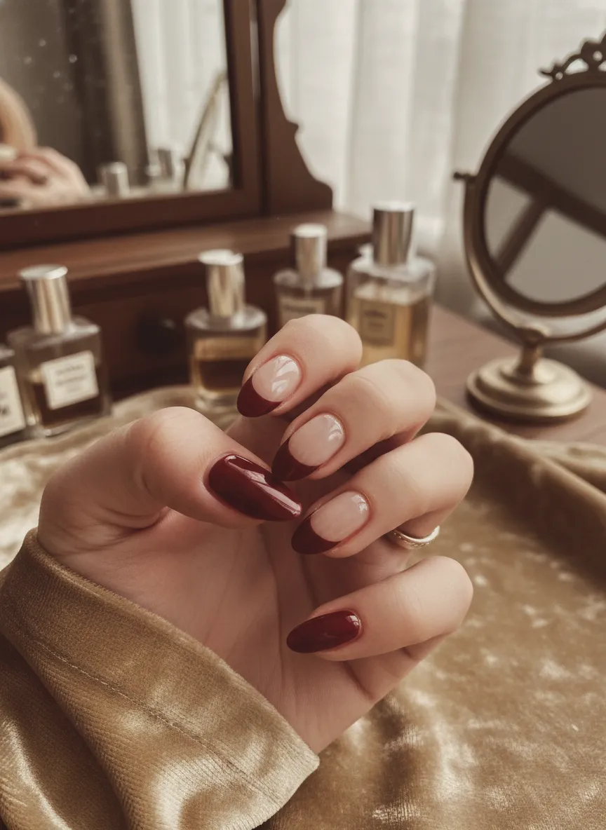 Minimalist half-moon dark red nails designs