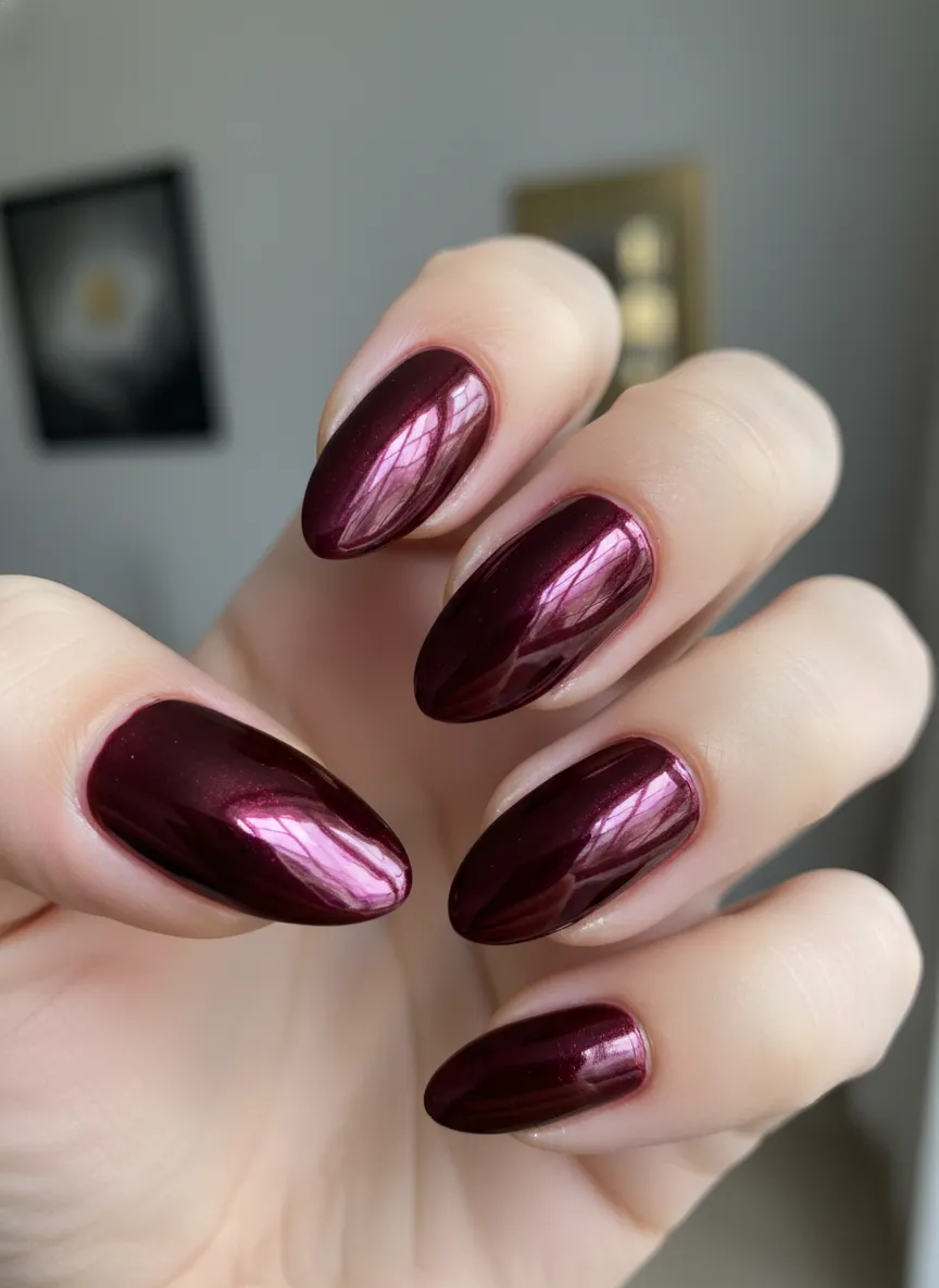 Chrome metallic dark red nails designs